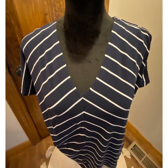 Jones New York Blouse Size XL Navy Striped Top Cap Sleeves Gold Buttons V Neck - Picture 2 of 10